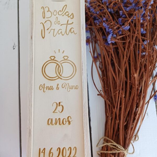 Caixa de Madeira para Garrafa Vinho - Bodas de Prata 25 anos