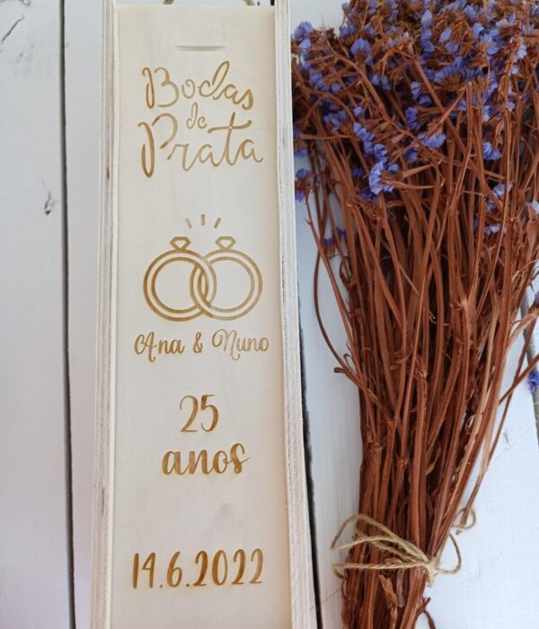 Caixa de Madeira para Garrafa Vinho - Bodas de Prata 25 anos