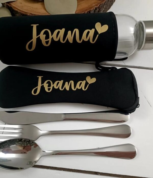 Pack Garrafa + Bolsa porta talheres com nome
