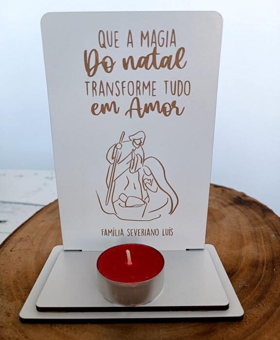 Lembrança personalizada em madeira - Suporte para vela - Que a Magia do Natal Transforme tudo em Amor