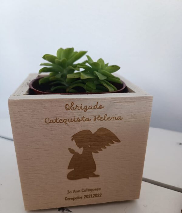 Vaso em madeira com gravação a laser e suculenta - Obrigado "Catequista" (com anjo)