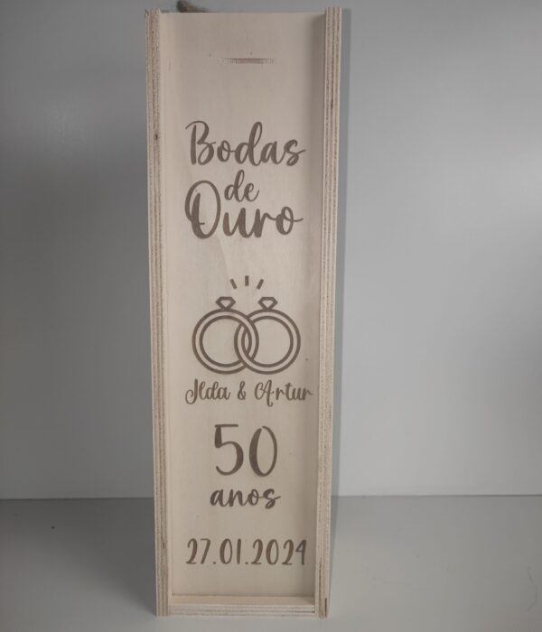 Caixa de Madeira para Garrafa Vinho - Bodas de Ouro - 50 anos casados