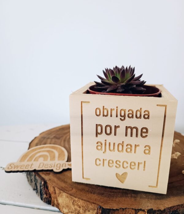 Vaso em madeira com gravação a laser e suculenta - Obrigado por me ajudares a crescer
