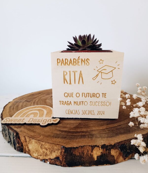 Vaso em madeira com gravação a laser e suculenta - Que o Futuro te traga muito sucesso (finalista)