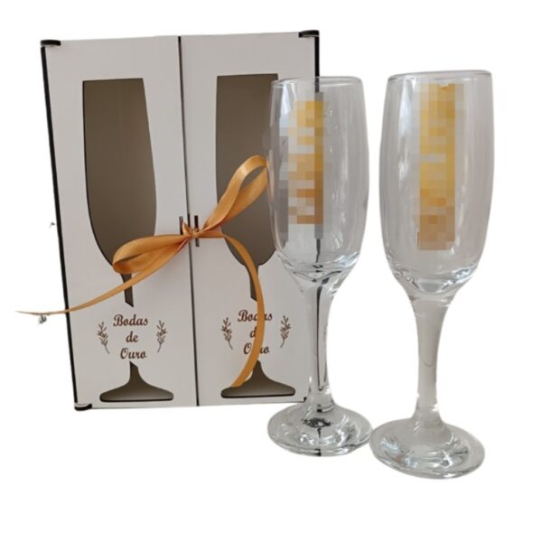 Conjunto de flutes/Copos espumante personalizados com nome - Bodas de Ouro/Prata (vinte e cinco e cinquenta anos)