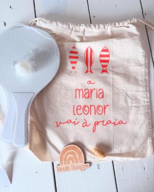 Mochila taleigo - A ... vai à praia (com nome e raquetes de praia)