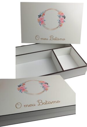 Caixa de Batismo em mdf - O meu Batismo (com coroa de flores a cor)