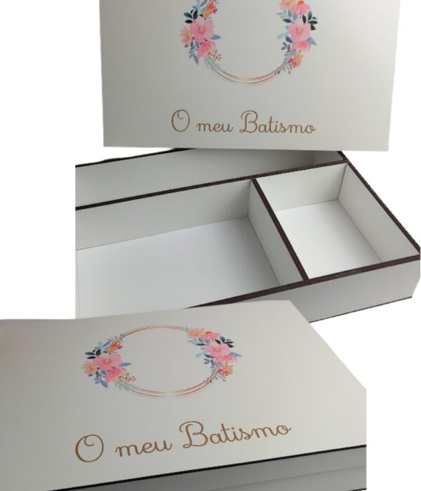 Caixa de Batismo em mdf - O meu Batismo (com coroa de flores a cor)