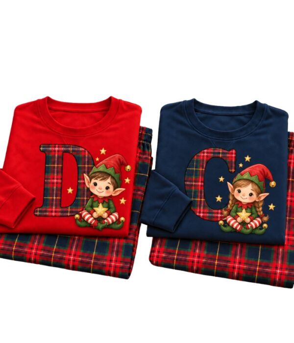 Pijama de Natal personalizado com Letra inicial do nome e elfos menino/menina